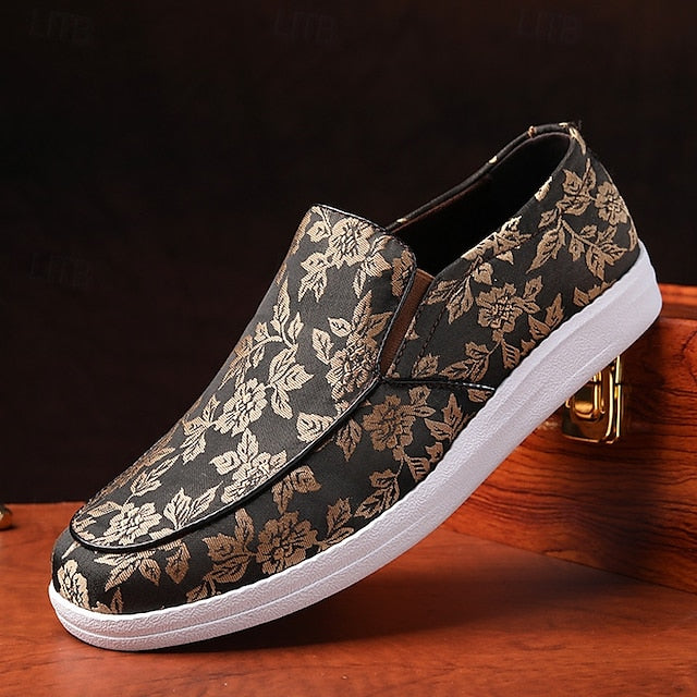 Slip-On Men's – Jacquard Loafers Floral Black Red and
