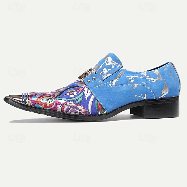 Cowhide Men's Leather Loafers with Floral Pattern Blue
