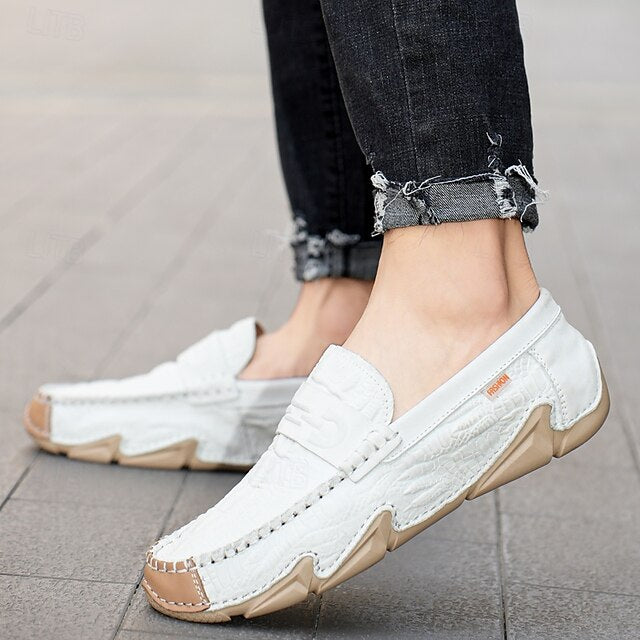 Leather Black with Loafers Faux Men's White Crocodile