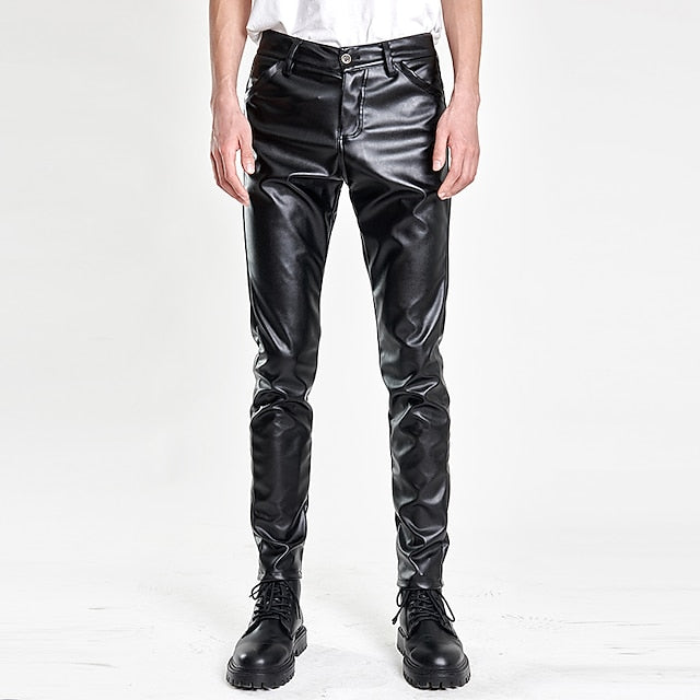Leather Pants Men's Plain Pocket Faux Trousers Casual