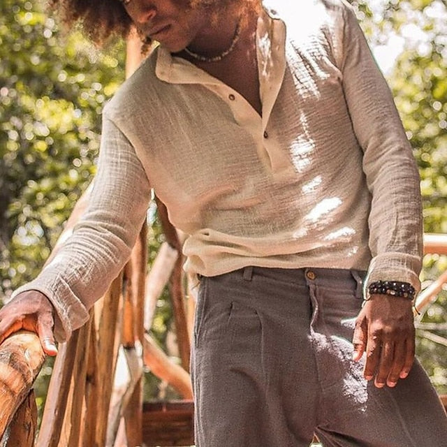 Shirt Men's Band Collar Linen Popover