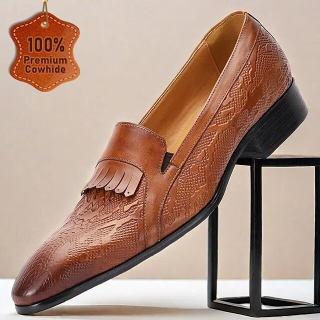Black Men's Decorative Cowhide Premium Slip-On Loafers with