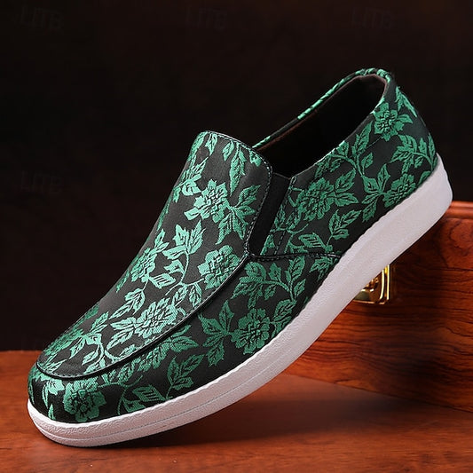 Slip-On Men's – Jacquard Loafers Floral Black Red and
