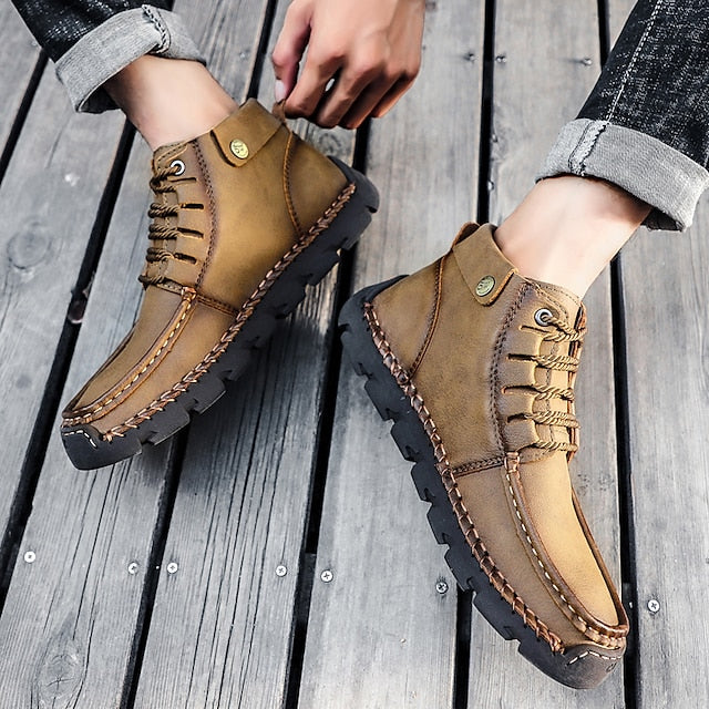 Casual Men's Lace-Up Leather Ankle Vintage Boots –