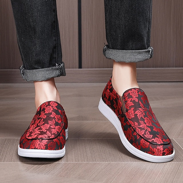Slip-On Men's – Jacquard Loafers Floral Black Red and