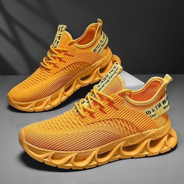 Elastic Sneakers Neon Yellow Knit Men's Sports with Upper