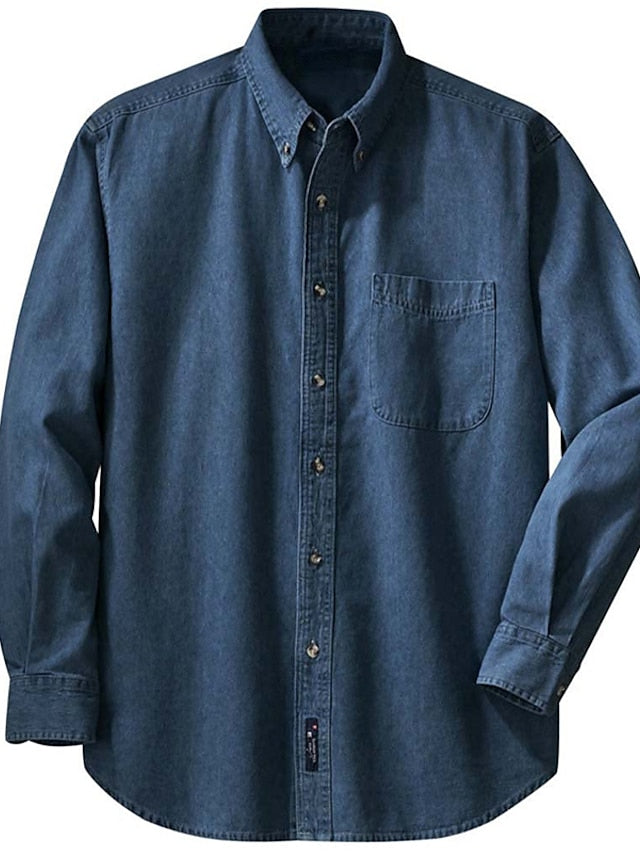 Blue Shirt Plain Turndown Dark Jeans Long Men's Sleeve