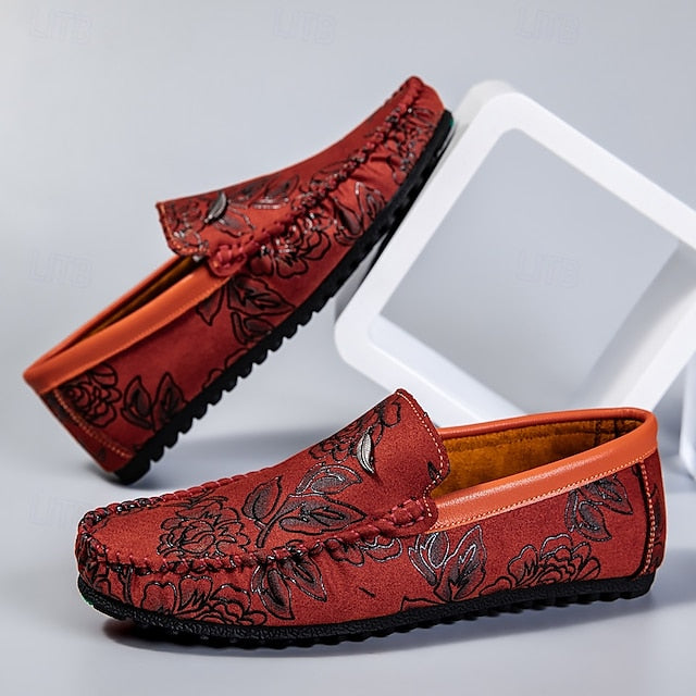 and Leather Men's Loafers White Checkered Orange Slip-On