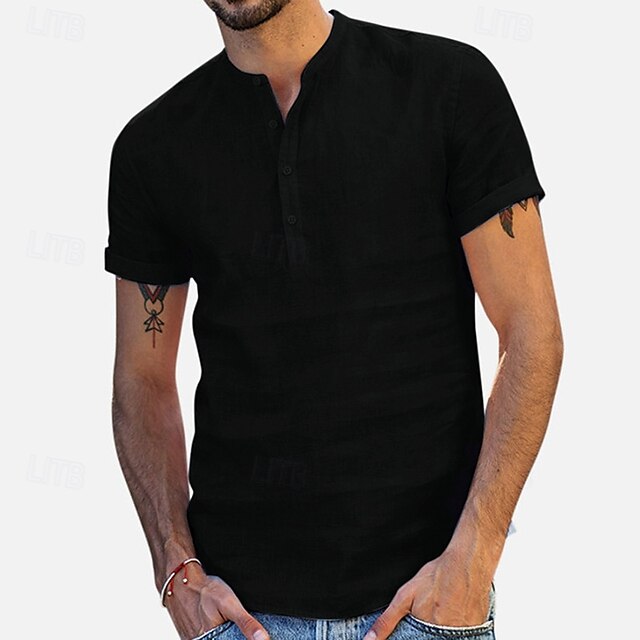 Men's Shirt Collar Linen Popover Band
