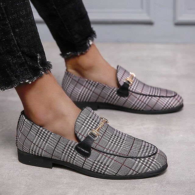 Buckle Plaid Fabric Men's Stylish with Loafers – Metal