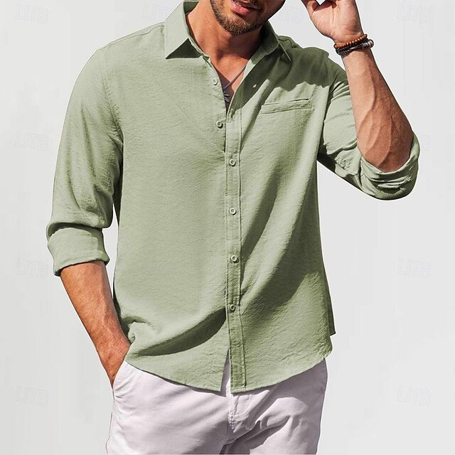 Linen Shirt Cotton Men's Green White Plain Black Vacation
