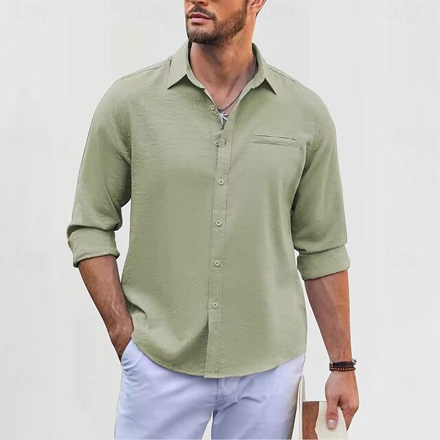Linen Shirt Cotton Men's Green White Plain Black Vacation