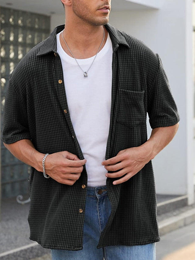 Button Men's Waffle Casual Shirt Summer