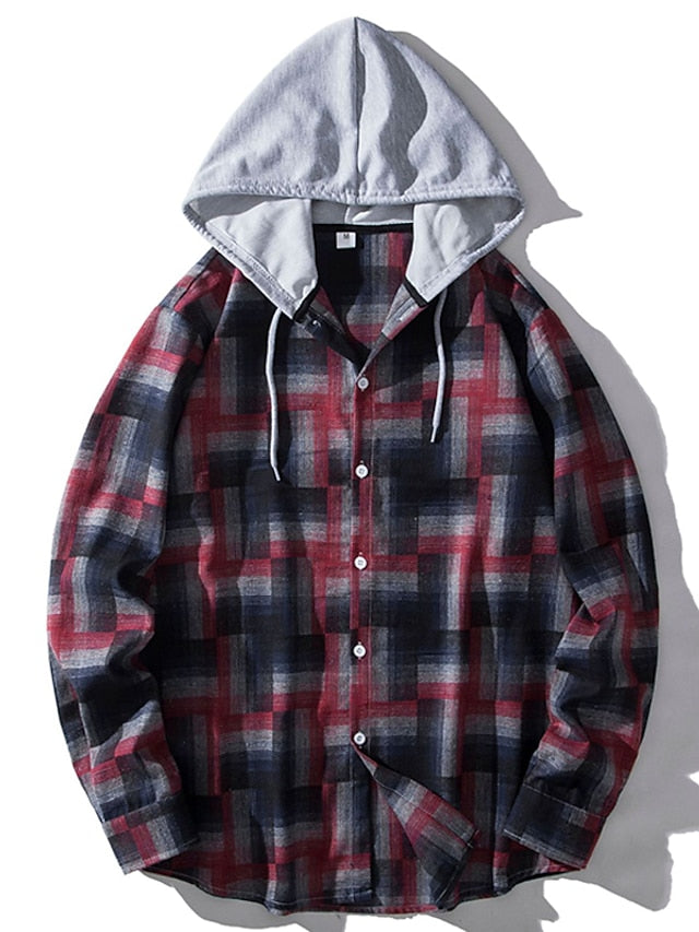Button Casual Men's Black Up Hooded Shirt