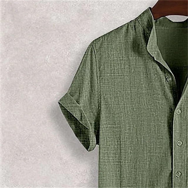 Plain Men's Band Casual Shirt Linen Collar