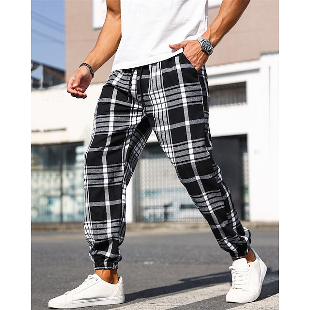 Elastic Casual Men's Plaid Pants Drawstring Waist Trousers