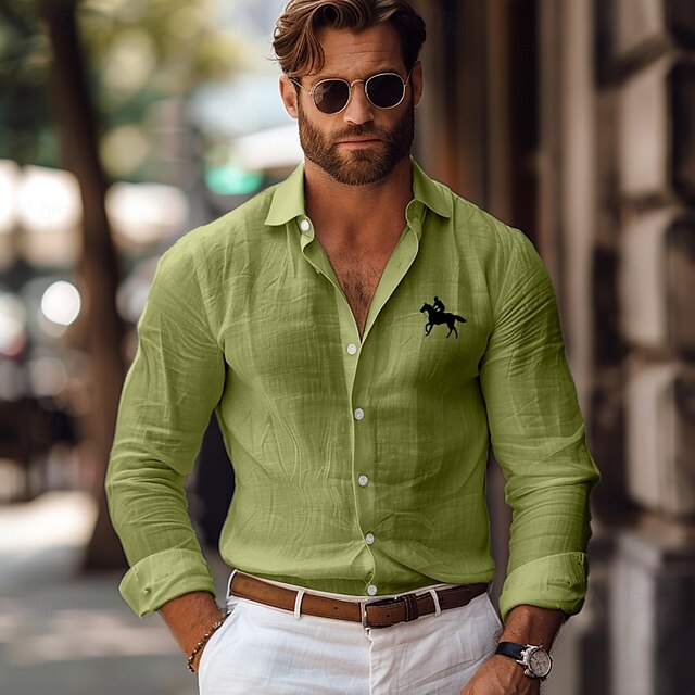 Pink White Horse Linen Shirt Outdoor Men's Green Vacation