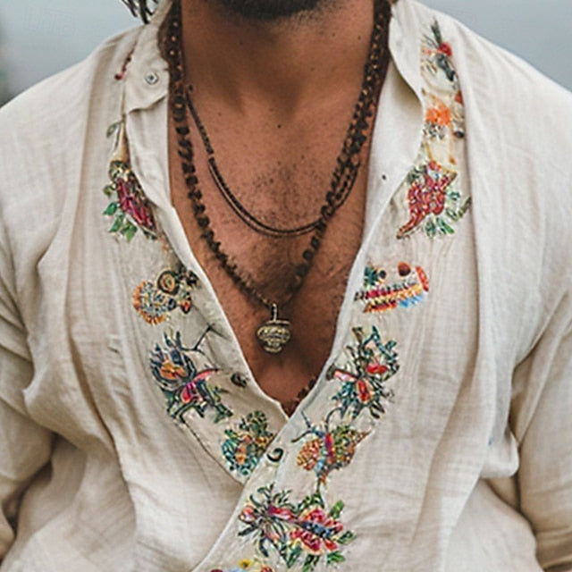 Linen Shirt Floral Casual Men's Cotton