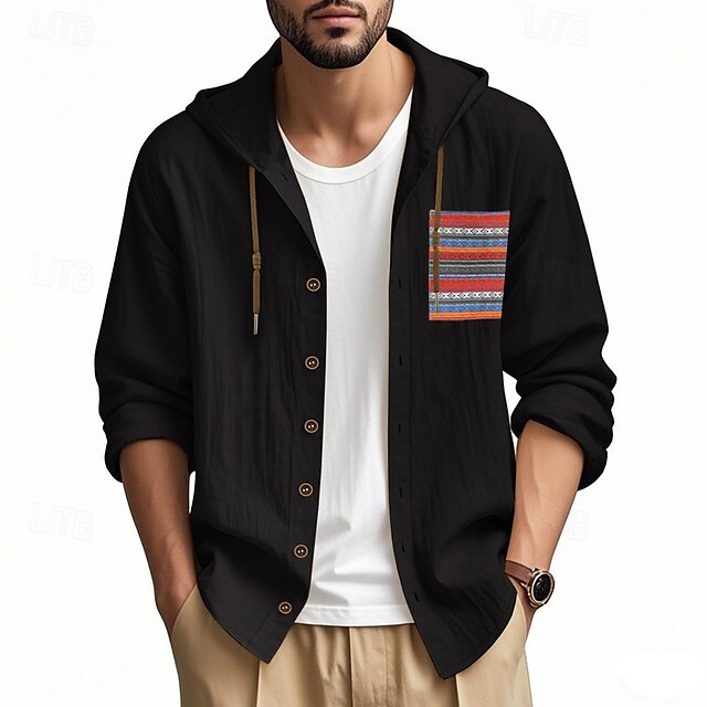 Shirt White Button Up Plain Street Vacation Black Men's
