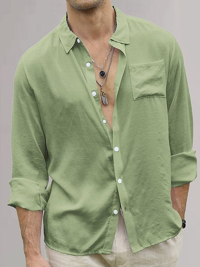 Plain Vacation Cotton Shirt Linen Black Men's Yellow Green