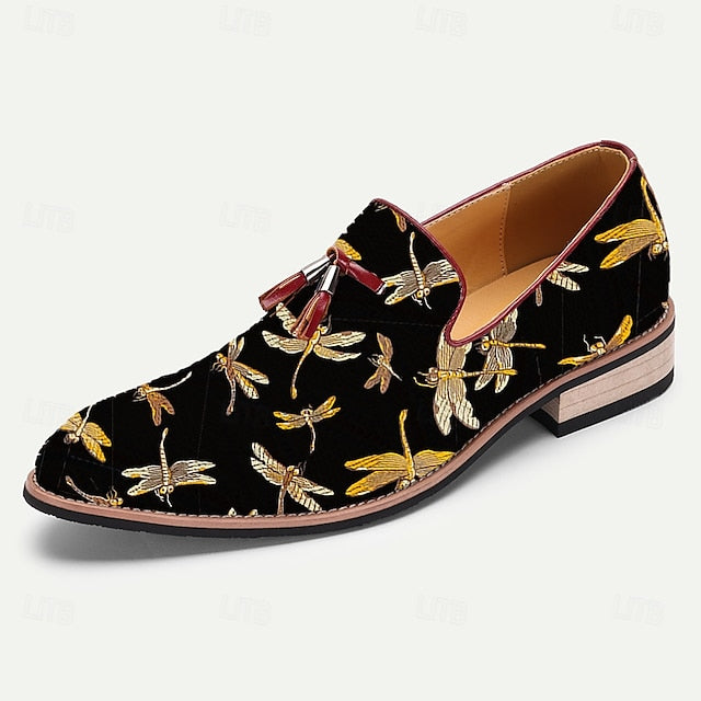 Black Embroidery with Men's Jacquard Dragonfly Loafers