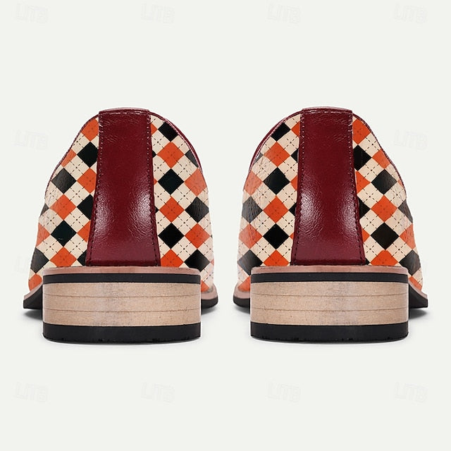 and Leather Men's Loafers White Checkered Orange Slip-On