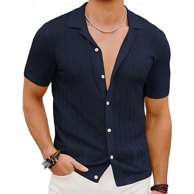 Button Men's Black Cardigan Summer Shirt Up