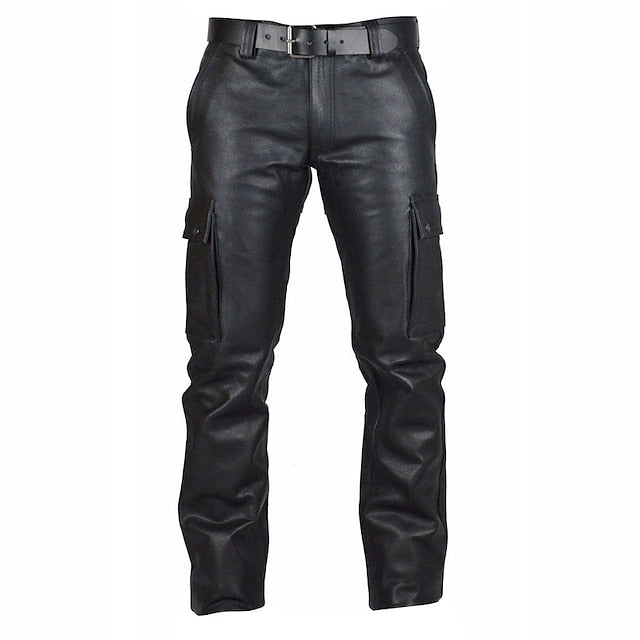 Leather Plain Casual Men's Pants Trousers Pocket Faux