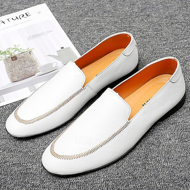 Loafers Shoes - Faux Prom Leather Men's with White Slip-On