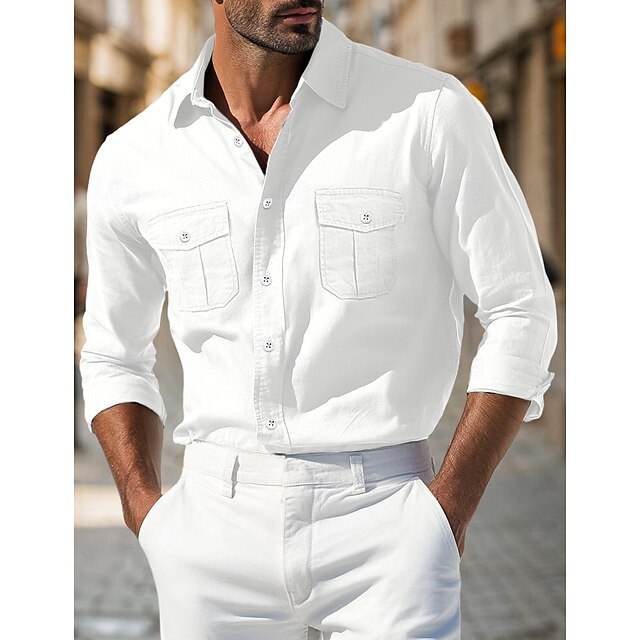 White Light Button Men's Casual Shirt Up Black