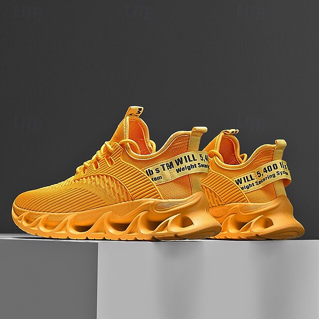 Elastic Sneakers Neon Yellow Knit Men's Sports with Upper