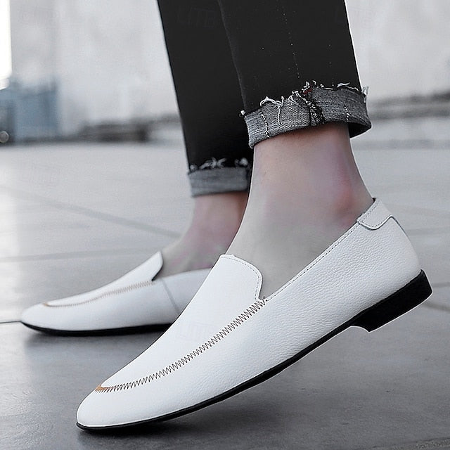 Loafers Shoes - Faux Prom Leather Men's with White Slip-On