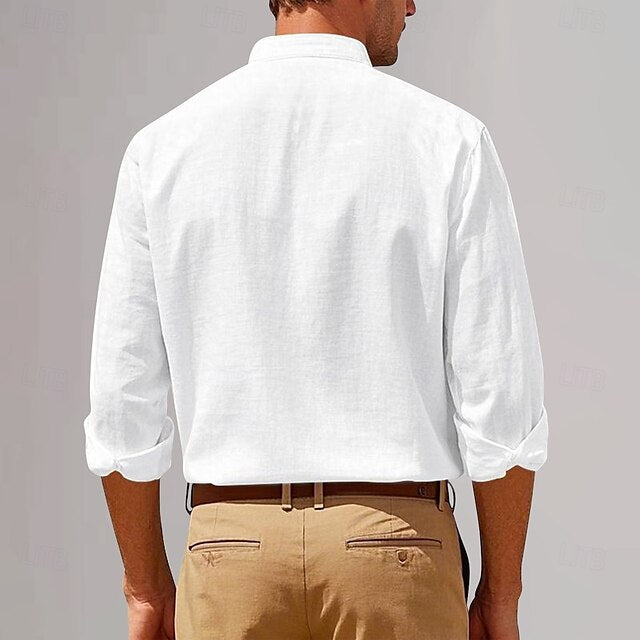 Shirt Vacation Men's Linen Cotton Plain Neck Plunging Beach