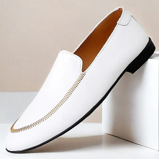 Loafers Shoes - Faux Prom Leather Men's with White Slip-On