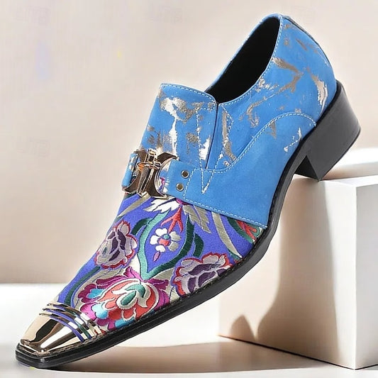 Cowhide Men's Leather Loafers with Floral Pattern Blue