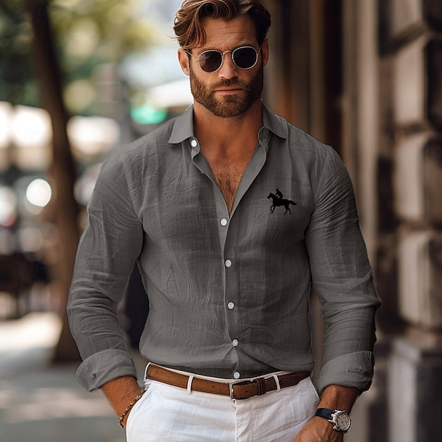 Pink White Horse Linen Shirt Outdoor Men's Green Vacation