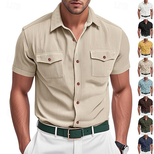 Shirt Casual Button Summer Corduroy Men's