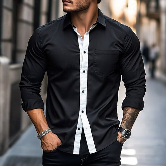 Casual Up Shirt Long Black Button Men's Sleeve