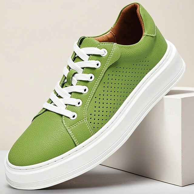 Low-Top Faux Green Leather Men's Sneakers