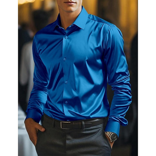 Button Shirt Casual Satin Plain Men's Up