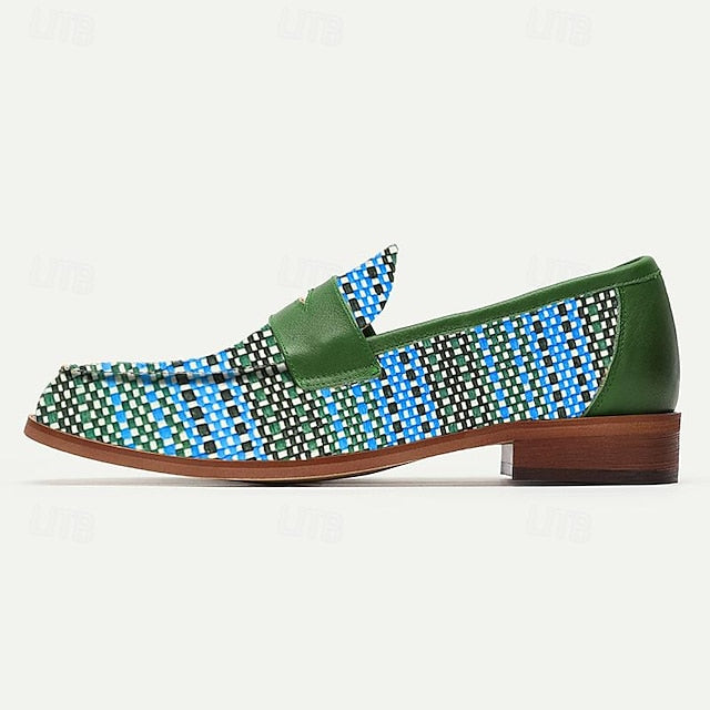Leather Woven Blue Slip-On Loafers - Men's Stylish Faux