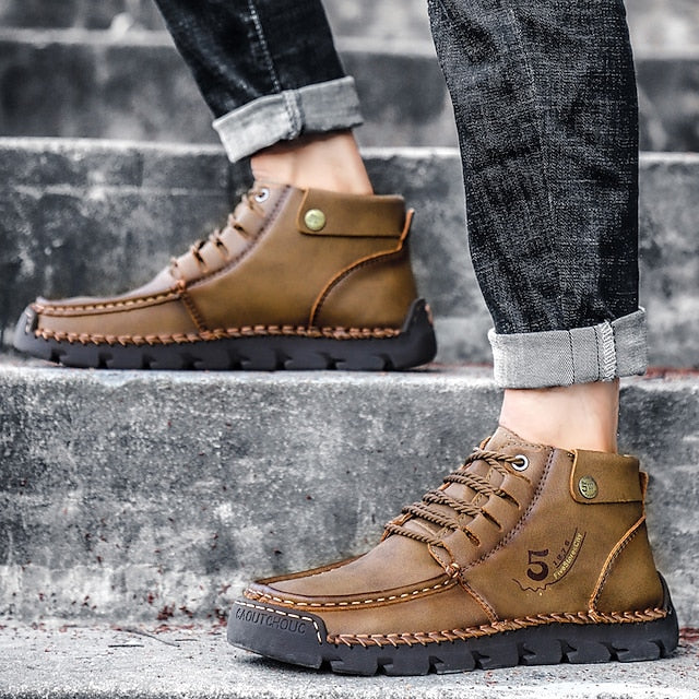 Casual Men's Lace-Up Leather Ankle Vintage Boots –