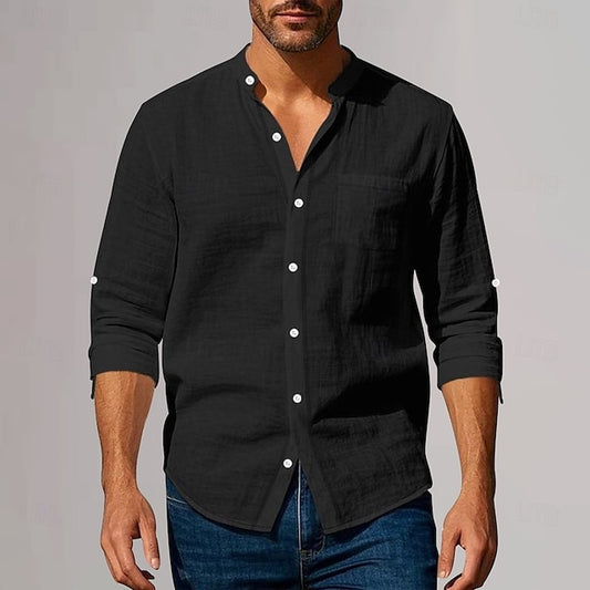 Shirt Vacation Men's Linen Cotton Plain Neck Plunging Beach