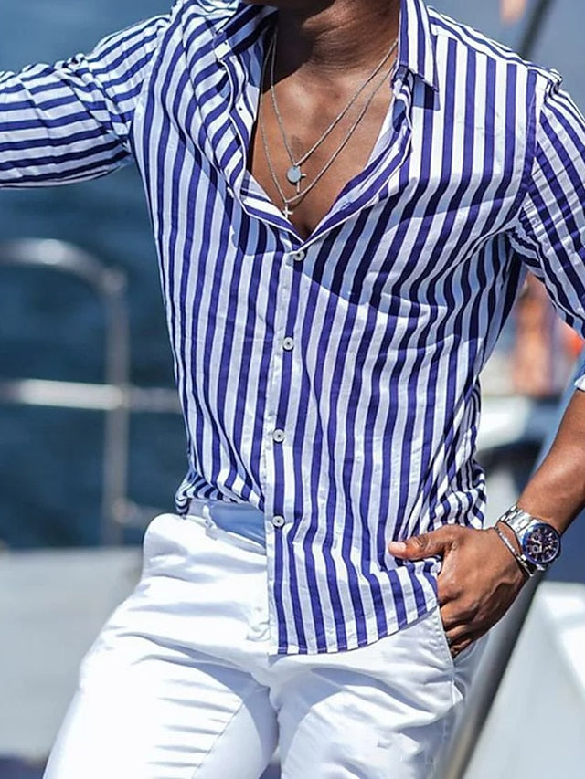 Shirt Striped Hawaiian Beach Summer Men's