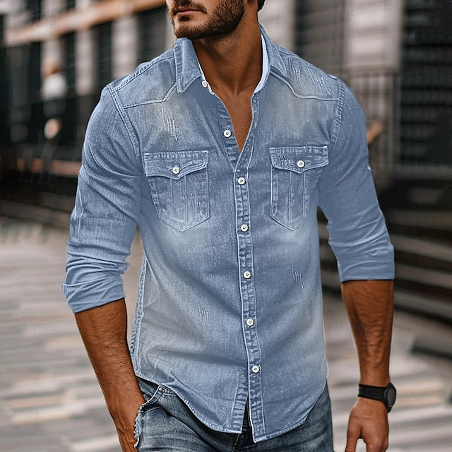Shirt Men's Chambray Up Calico Button