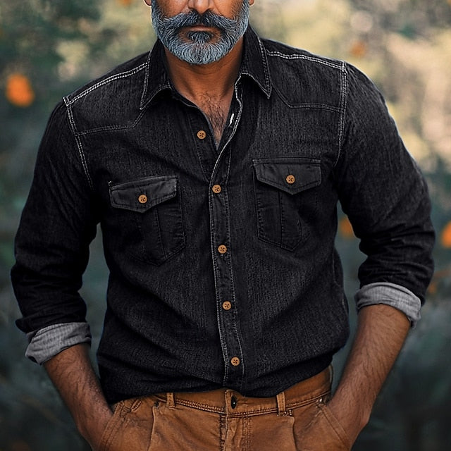 Casual Shirt Calico Chambray Button Men's