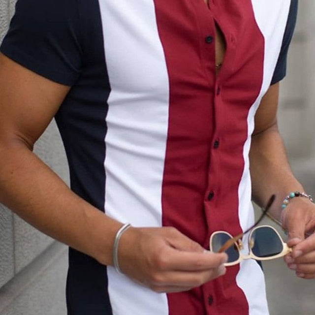 Button Men's Up Summer Red Bowling Shirt