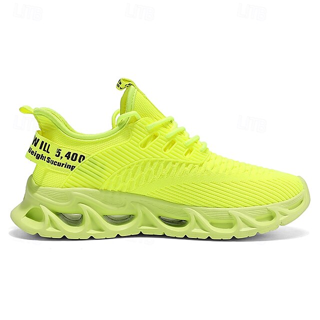 Elastic Sneakers Neon Yellow Knit Men's Sports with Upper
