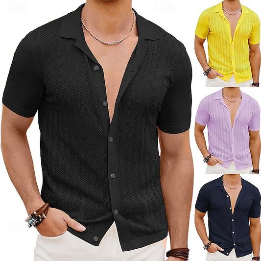 Button Men's Black Cardigan Summer Shirt Up