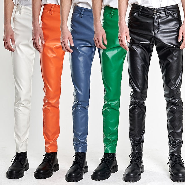 Leather Pants Men's Plain Pocket Faux Trousers Casual